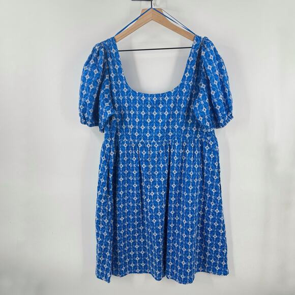 Rhode x Target NWT Blue Puff Sleeve Mini Dress Smocked Waist Cotton Size L Large - Picture 3 of 10